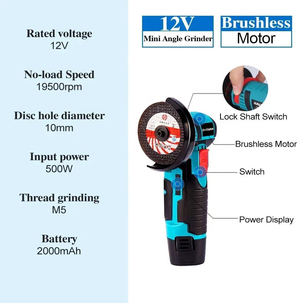 

ONEVAN 19500RPM Brushless Electric Angle 12V Cordless Polishing Grinding Machine Sander 2 Battery EU Power Tools