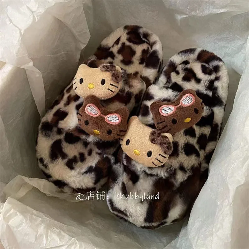 2024 New Hello Kitty Leopard Print Slippers Kawaii Sanrio Autumn/winter Thick Sole with Plush Slipper for Women House Slippers