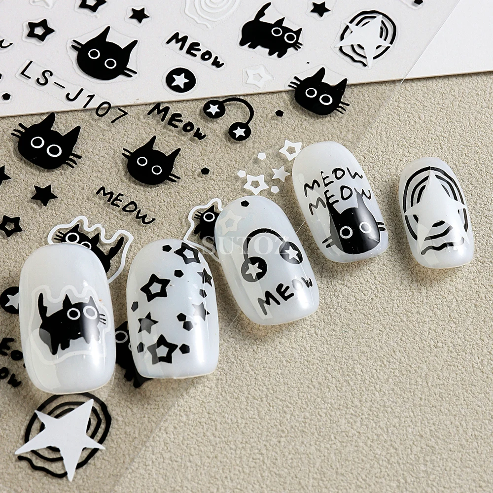 3D Black Cartoon Cute Cat Nail Stickers Cat Stars Letters Nail Sliders Y2K Korean Japanese Nail Art Manicure Decors NLLS-J107