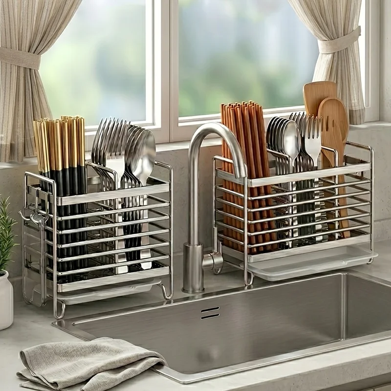 Punch-free Wall Mounted Cutlery Storage Box with Drain Tray, 3 Grids, Kitchen Utensil Drying Rack for Chopsticks Knives Forks