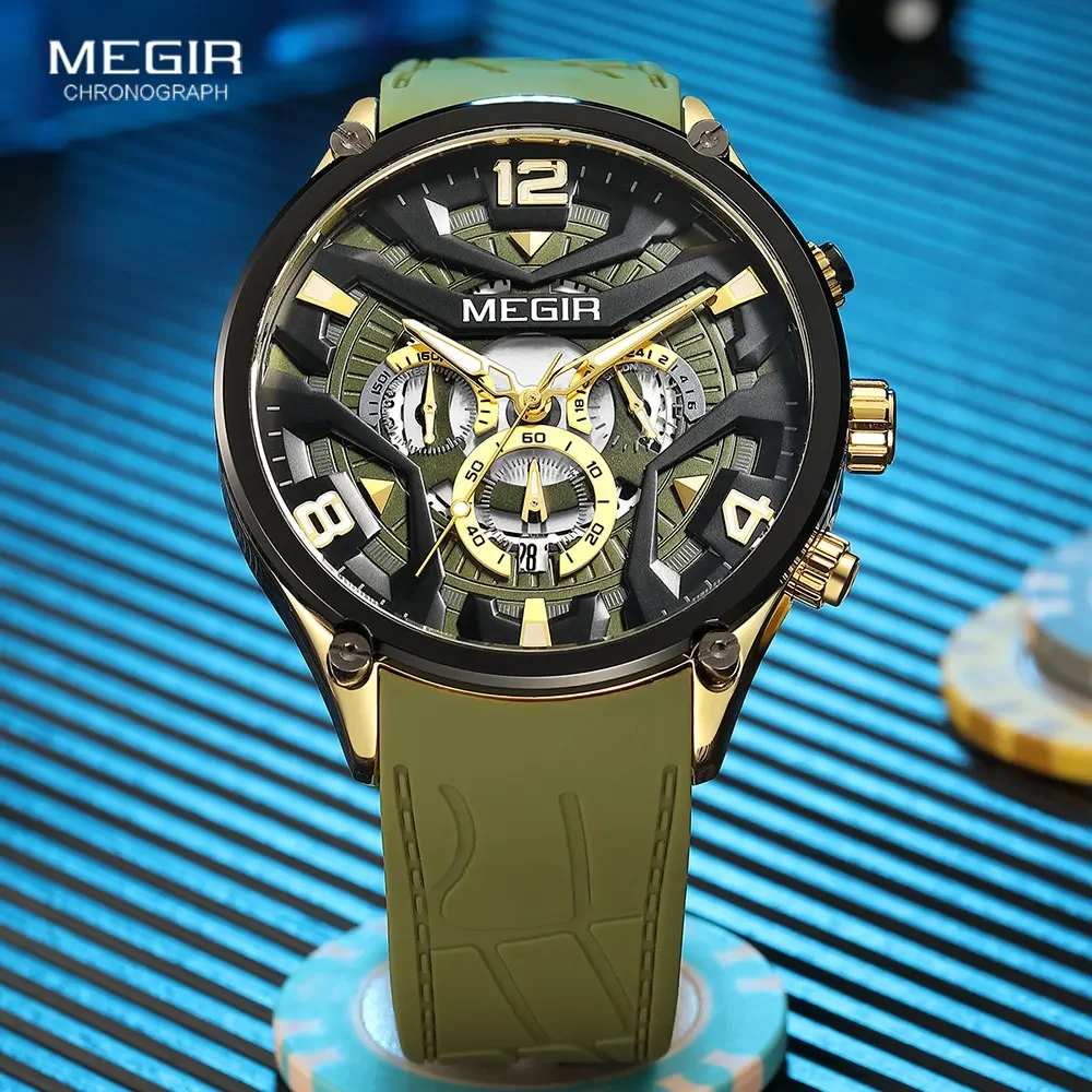 MEGIR 2222 موضة ساعة رجالي رياضية متعددة الوظائف كرونوغراف مضيئة مقاوم للماء ساعات للرجال Relogios Masculino Часы