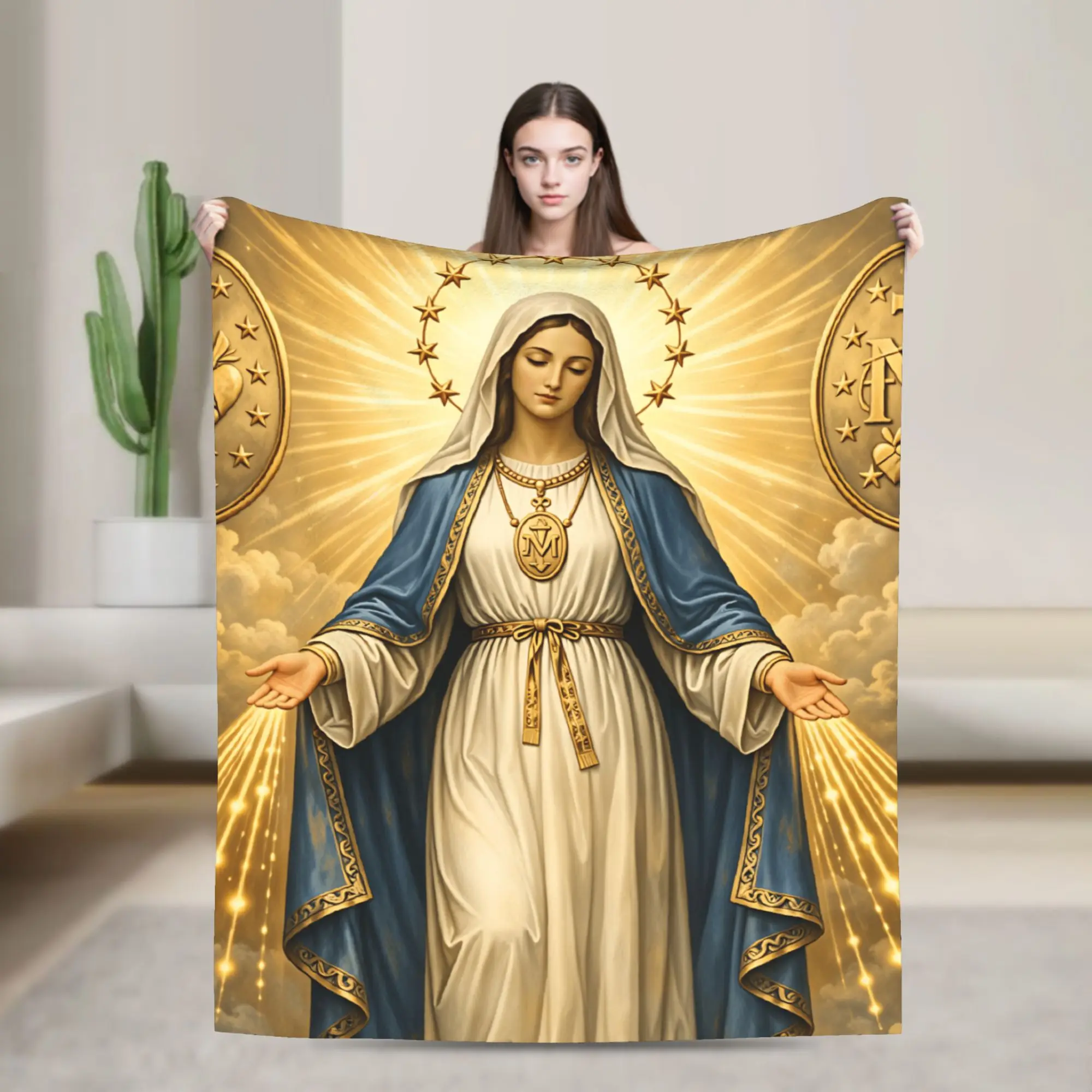 Our Lady Of The Miraculous Medal Golden Light Religious Print Blanket Quality Cozy  Throw Blanket Winter Plane Funny Bedspread