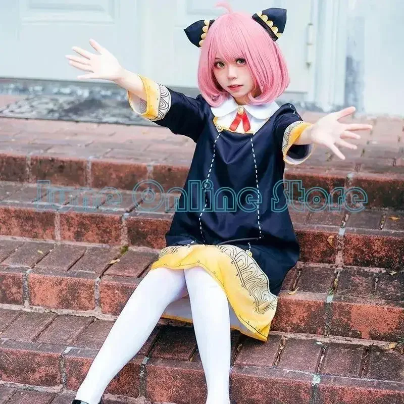 Anime spy X family Anya forger cosplay costume kids adults black dress Kawaii girls women dress pink wig party role play outfits