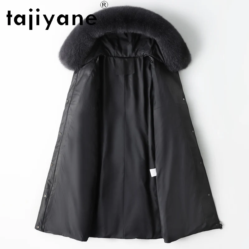 TAJIYANE 100 % erstklassiger Schaffell-Daunenmantel für Damen, schwarz, echtes Leder, lange Pufferjacke, Fuchspelzkragen, 2025, Winterkleidung