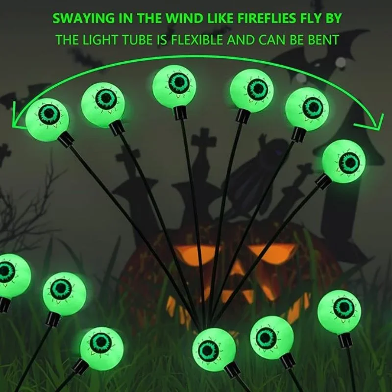 Halloween LED Solar Eyeball Pathway Lights Scary Waterproof Solar Green Firefly Lights  Outdoor Eyeball String Lights Ground