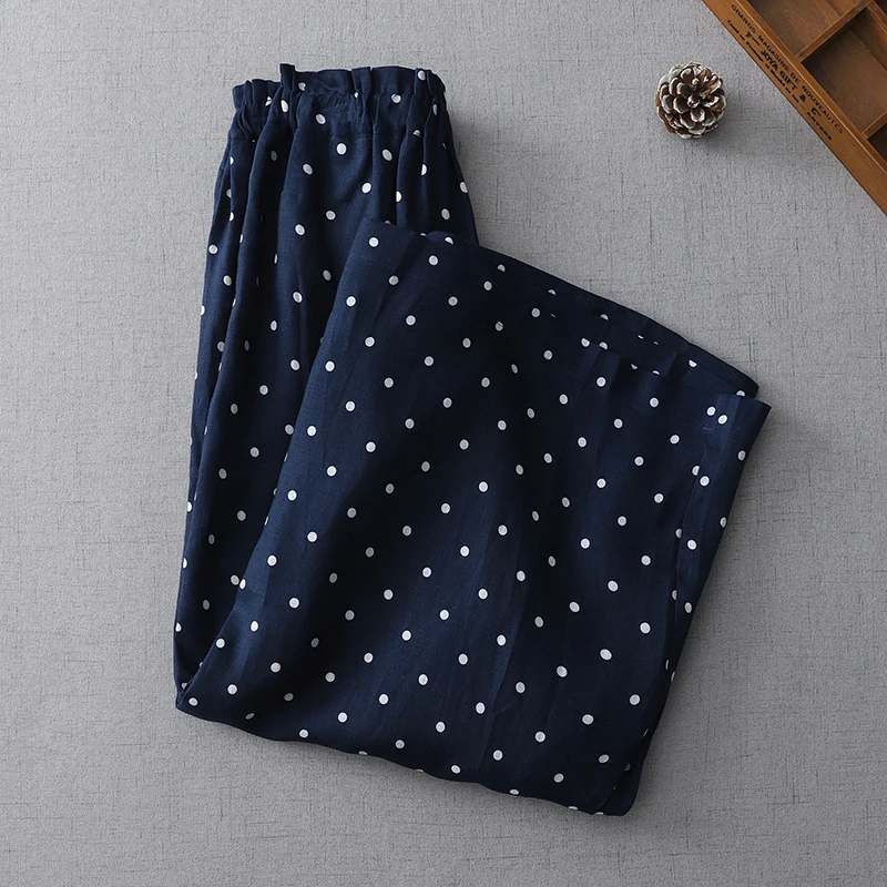Japanese Sle Polka Dot Linen Wide Leg Pants Women's Casual Cotton Linen Straight Nine Point Pants High Waist ket Detail