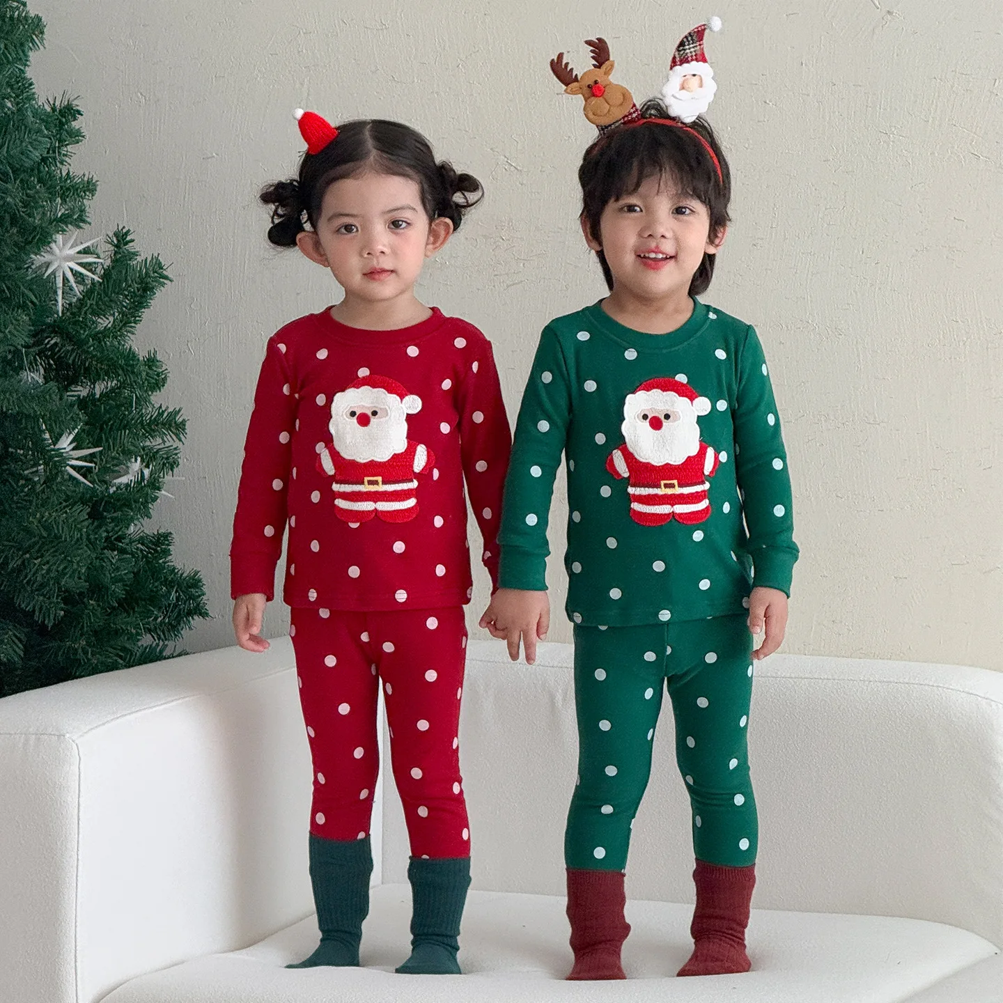 Autumn Children Christmas Warm Pajamas Set Boys Girls Cartoon Polka Dot 2pcs Suit Kids Long Sleeve Home Clothes Set 1-8 Years 4