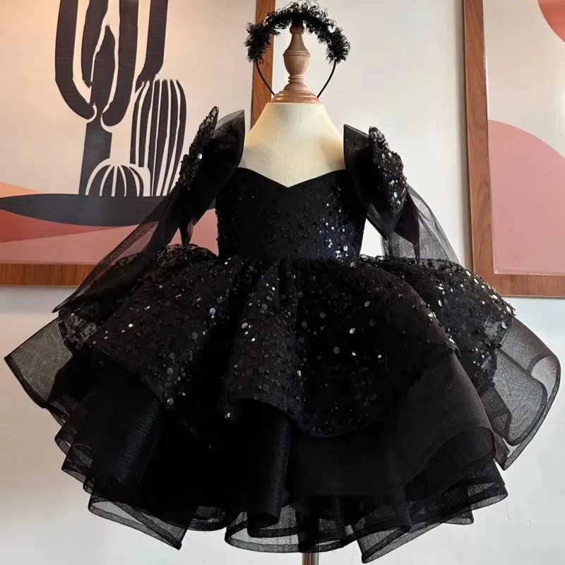 Flower Girl Dresses Short Gold Tulle Sequin With Bow Communion Gowns  Shoulder Short Sleeve For Wedding Birthday Party Holy