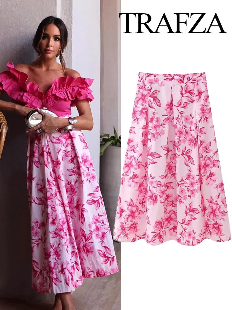 TRAFZA Women Elegant Chic High Waist Long Skirt Woman Vintage Floral Print Back Zipper Folds Decorate Slim Casual Skirt Y2K