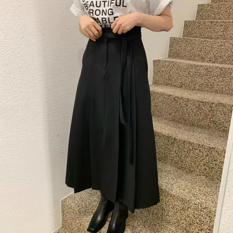 Ele Spring High Waist Banded Long Skirt Pure Color Oversized Design Korean Sle Commute A-Line Midi Skirt