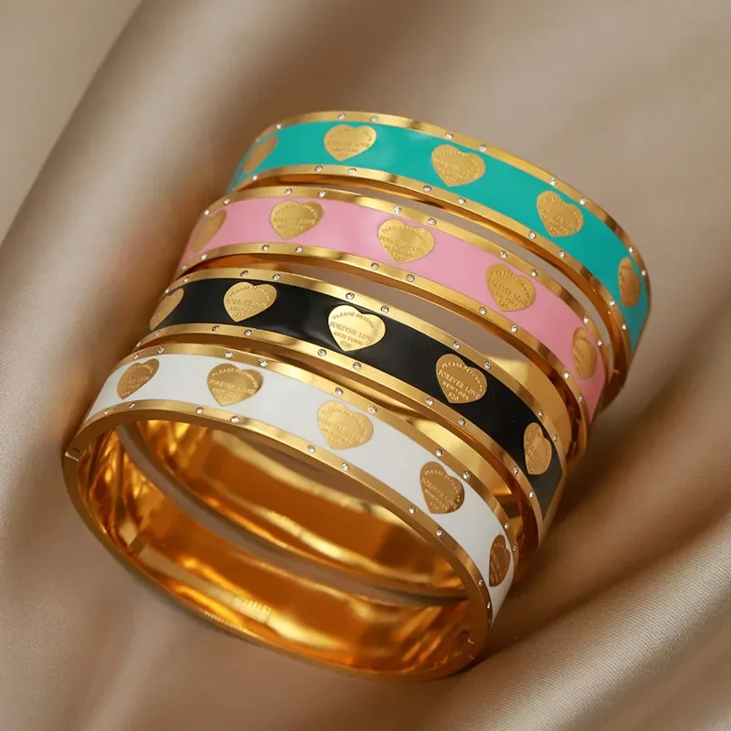 

Stainless Steel Metal Oil Heart Bangles&bracelets for Women Fashion Brand Jewelry Elegant Black Bangles Accessories
