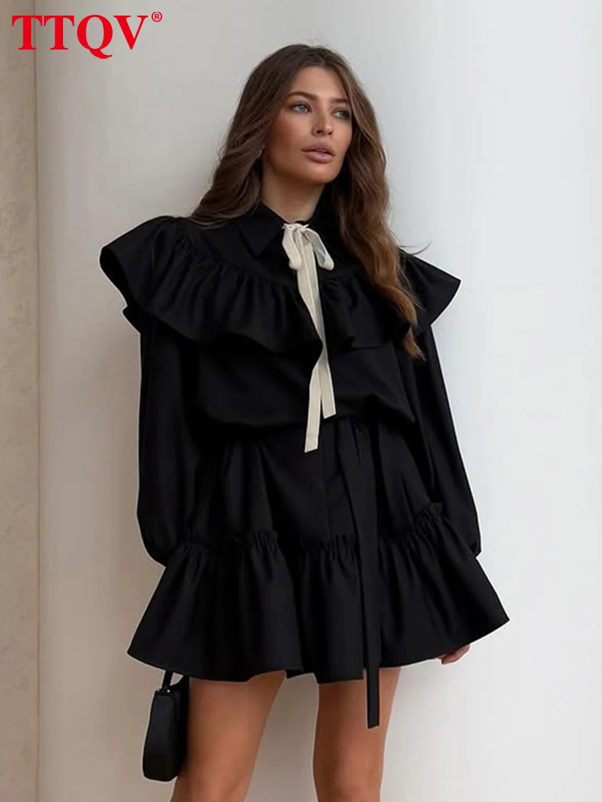 

TTQV Fashion Loose Black Women Dress 2026 Spring Lapel Long Sleeve Mini Dresses Elegant Classic Ruffles Female Dress Streetwear