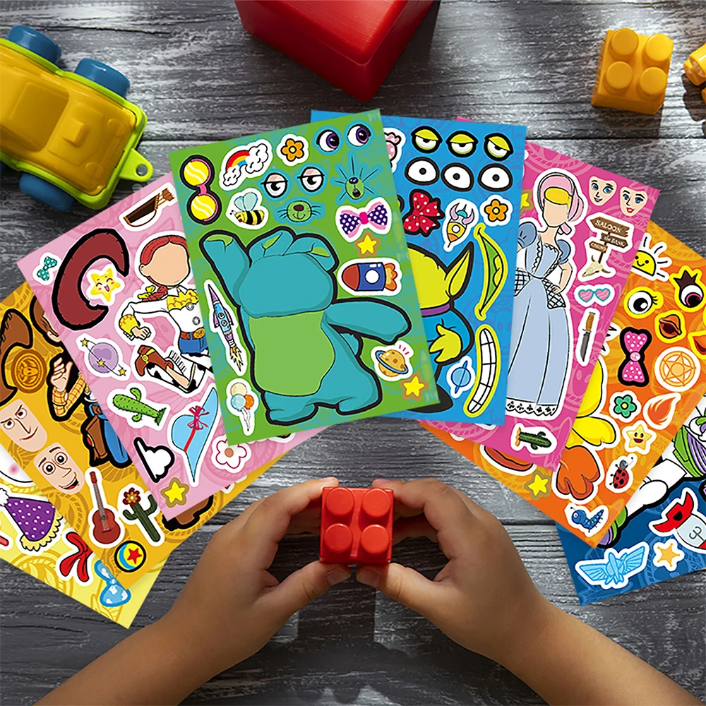 8/16 lembar mainan Disney cerita lucu stiker Puzzle membuat wajah permainan anak-anak stiker mainan merakit Jigsaw anak-anak pesta stiker permainan