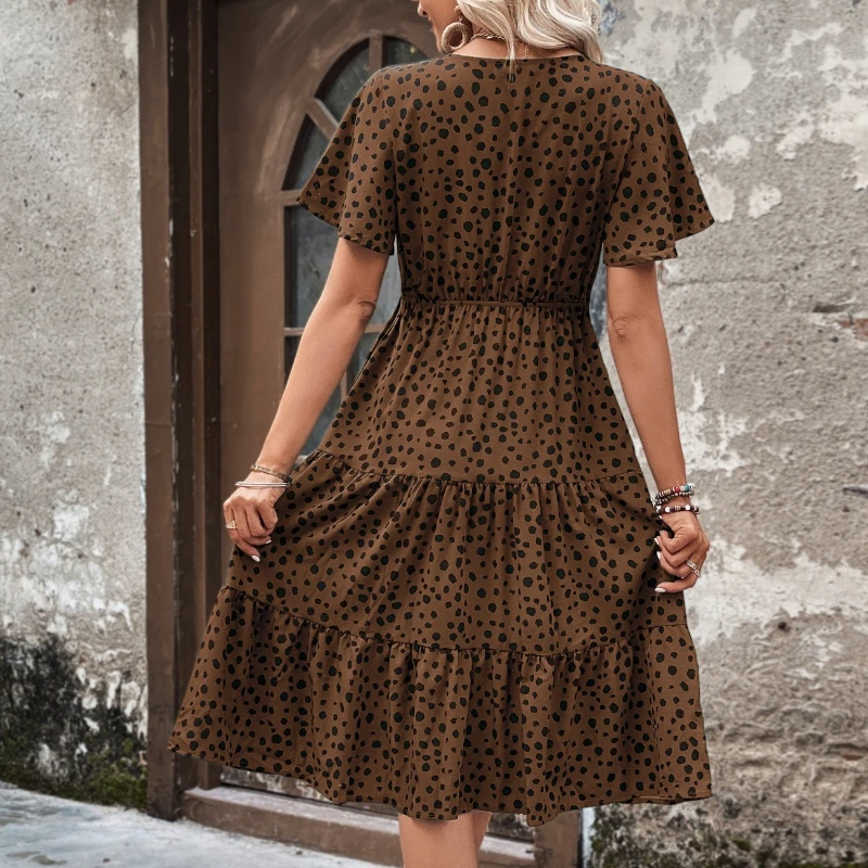 Elegant Vintage Women's Leopard Print Summer Casual Short Sleeve Dress Beach Sundress Vacation Drawstring V Neck Party Dresses