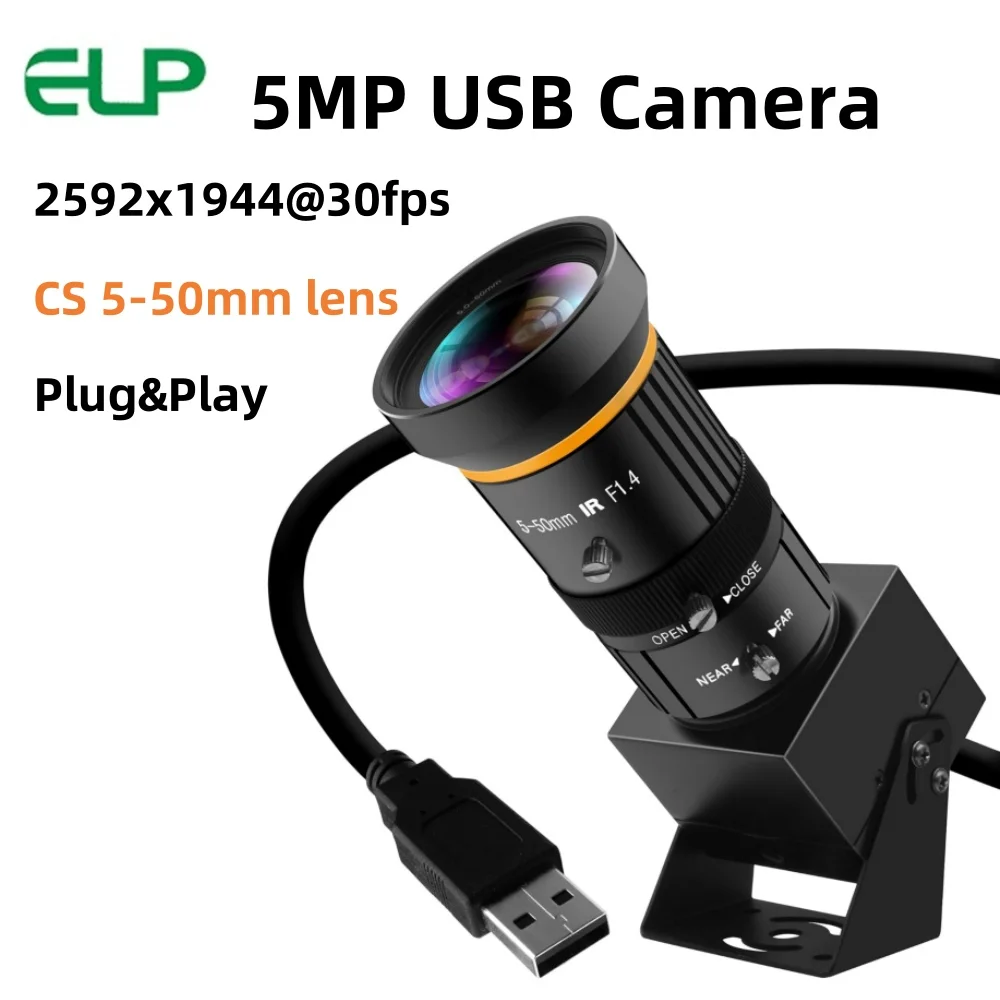 ELP 5MP USB Camera Industrial Telephoto Webcam with CS 5-50mm 10X Manual Zoom Lens 1944P 30fps Computer Camera for Streaming