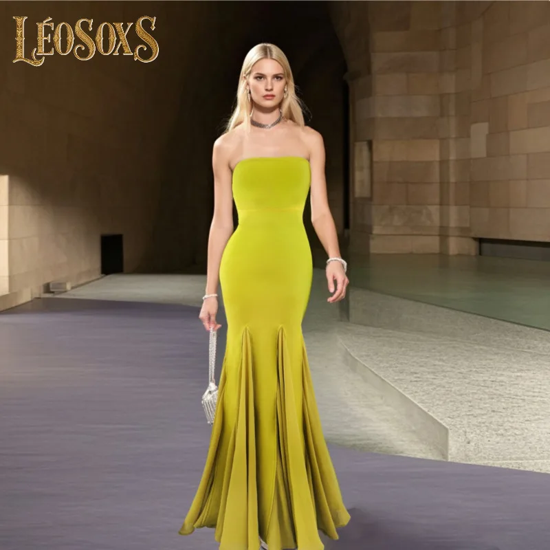 LEOSOXS 黄色のストラップレスマーメイドイブニングドレスセクシーなノースリーブボディコンマキシガウンエレガントなフォーマルパーティードレスカクテルイベント用