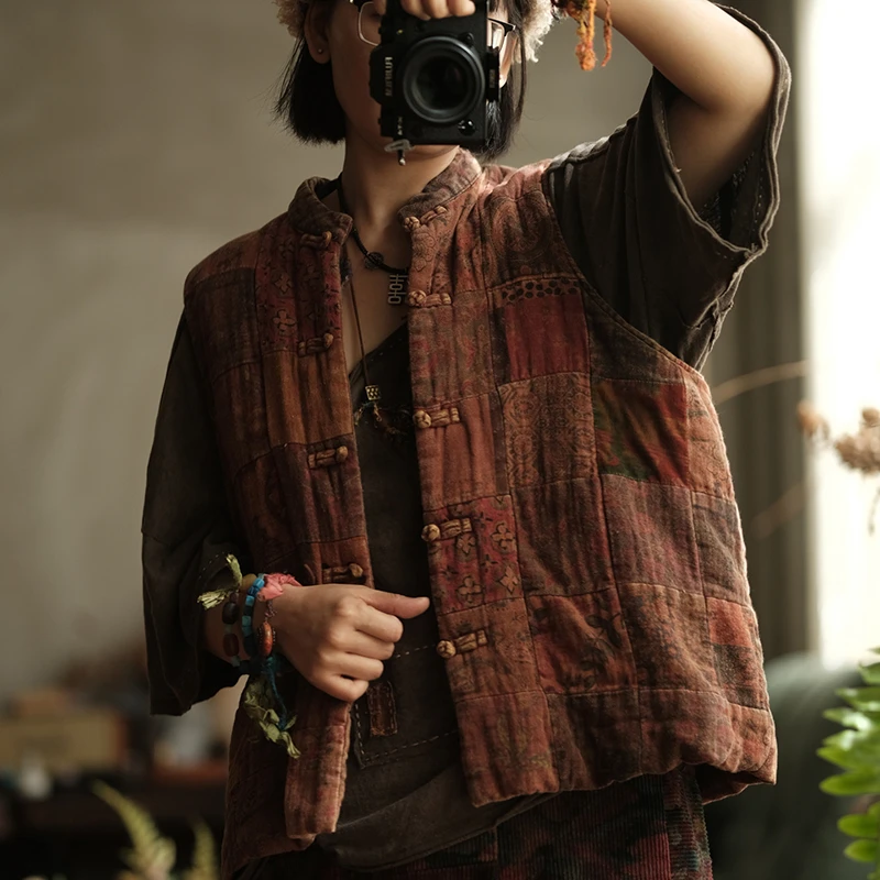 

Женский повседневный жилет из 100% хлопка, новинка 2024, осенний винтажный стиль, воротник-стойка с цветочным принтом, женские куртки без рукавов M2024