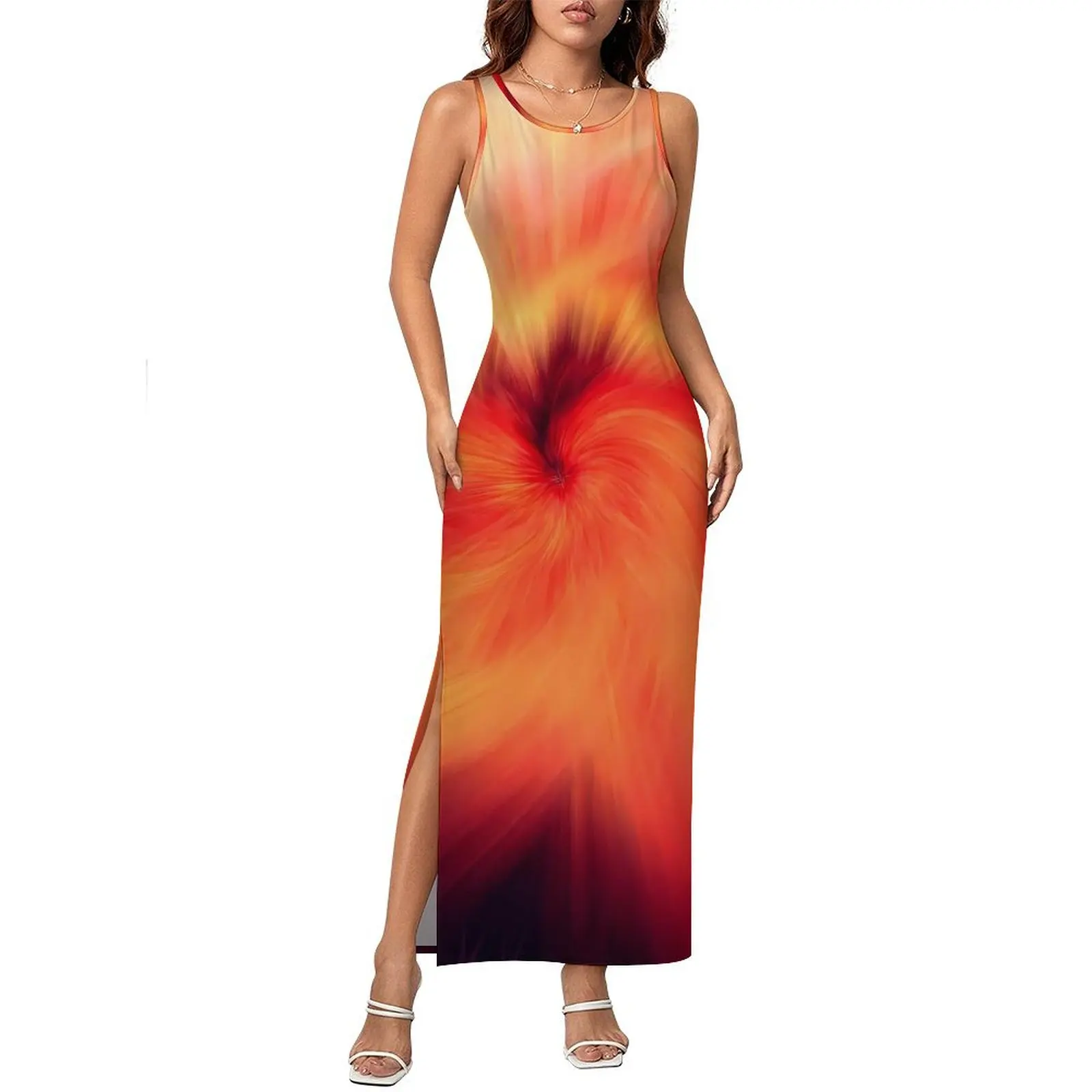 Fogo mistura bodycon vestido primavera impressão abstrata na moda maxi vestidos mulher sem mangas design rua moda vestido tamanho grande