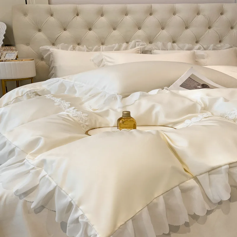 New washed tencel lace four-piece set, solid color princess style bed sheet and duvet cover, solid color all-cotton