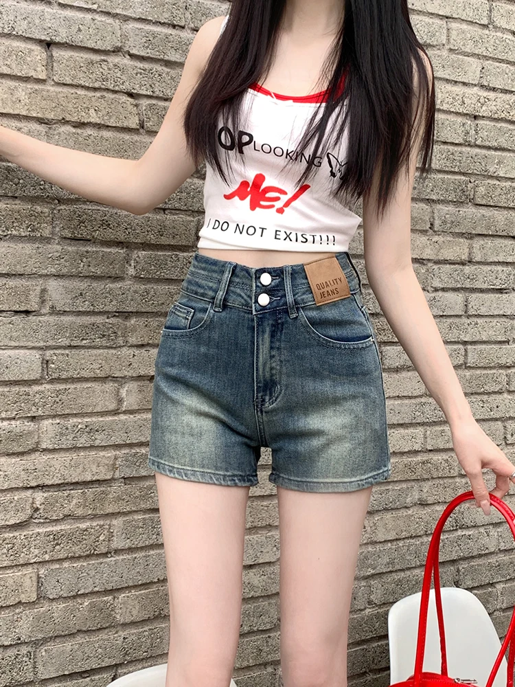 

Spring High Waist Slimming Straight Leg A-Line Hot Pants Women's plus Size Elastic Denim orts Trendy Sexy Wide Leg Jeans