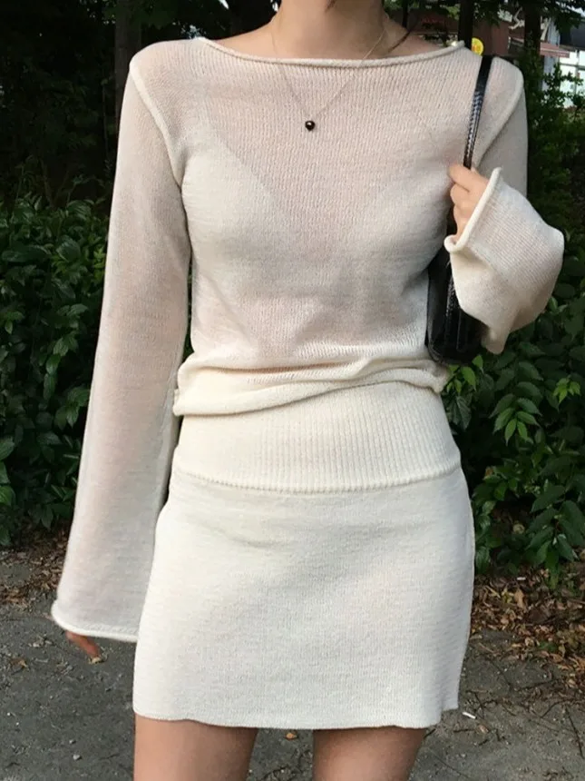 

Chic Slimming Two-Piece Set Women's Knitted Top And Skirt Soft Sle Thin Design Summer Polyester Fiber Ladies Sweater