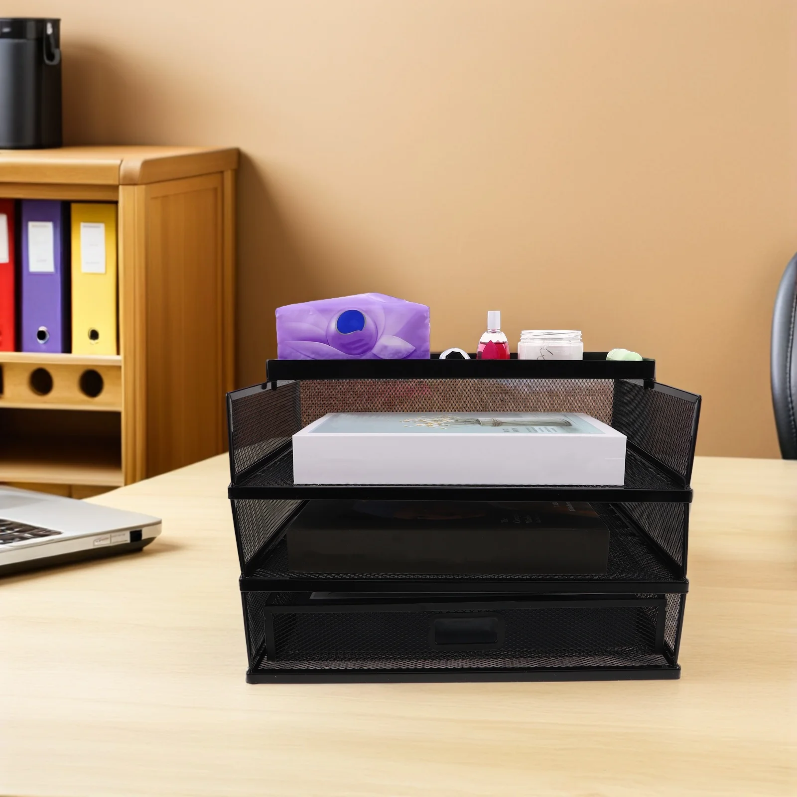 رف تخزين ملفات سطح المكتب مكون من 3 مستويات، هيكل حديدي قوي، منظم متعدد الأقسام لمجلدات الأوراق والحروف والمكتب #6