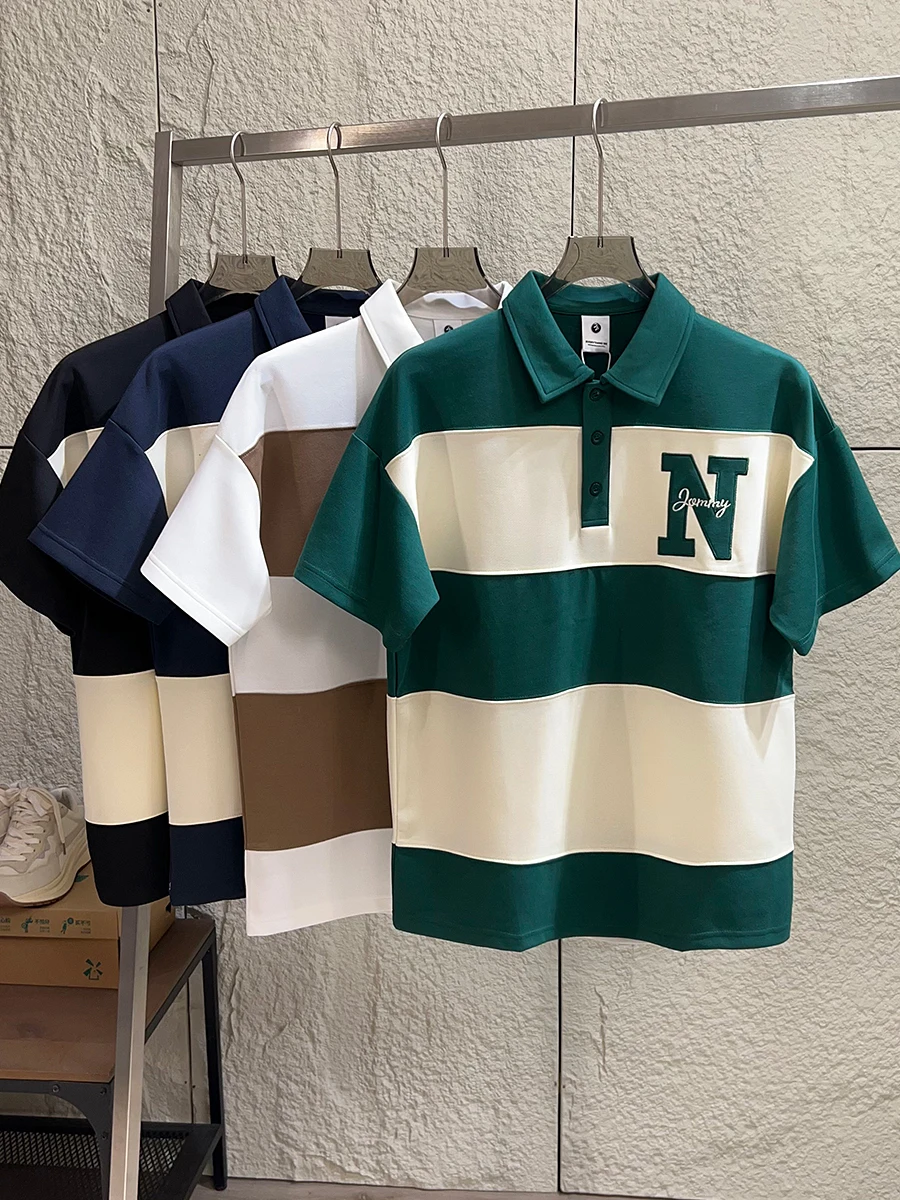 

Retro Color Block Wide Stripes Summer Men's And Women's OS Version American Nautical Shirt Fashionable Collared Short Sl...