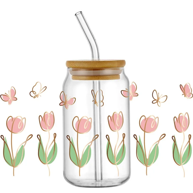 

3D Flowers Waterproof Decal UV DTF Transfers Sticker Cup Wrap for 16oz Libbey Glasses DIY Washable Mug Sticker