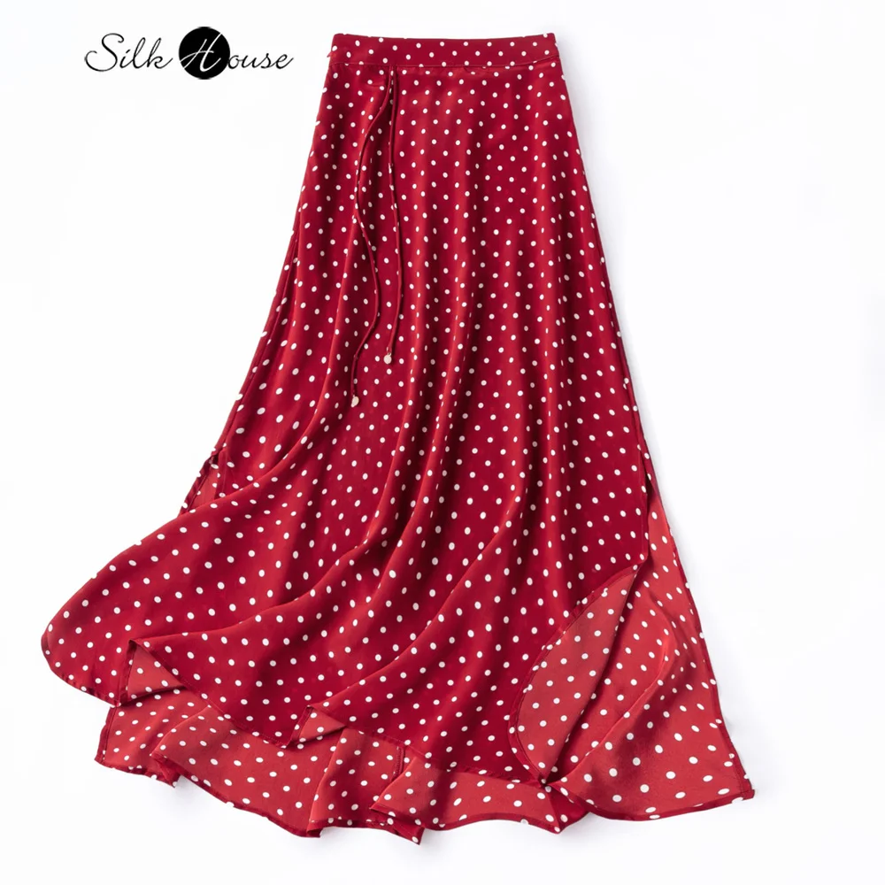 Cherry Red Polka Dot 100% Natural Mulberry Silk Crepe De Chine Zipper Elastic Waist Elegant Women's Fashion Skirt