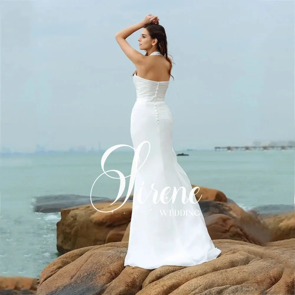 Sirene-Sereia Plissados Vestidos De Casamento, Vestido De Noiva Sem Mangas Simples Sem Costas, Botão De Volta, Custom Made, Cabresto, 2024