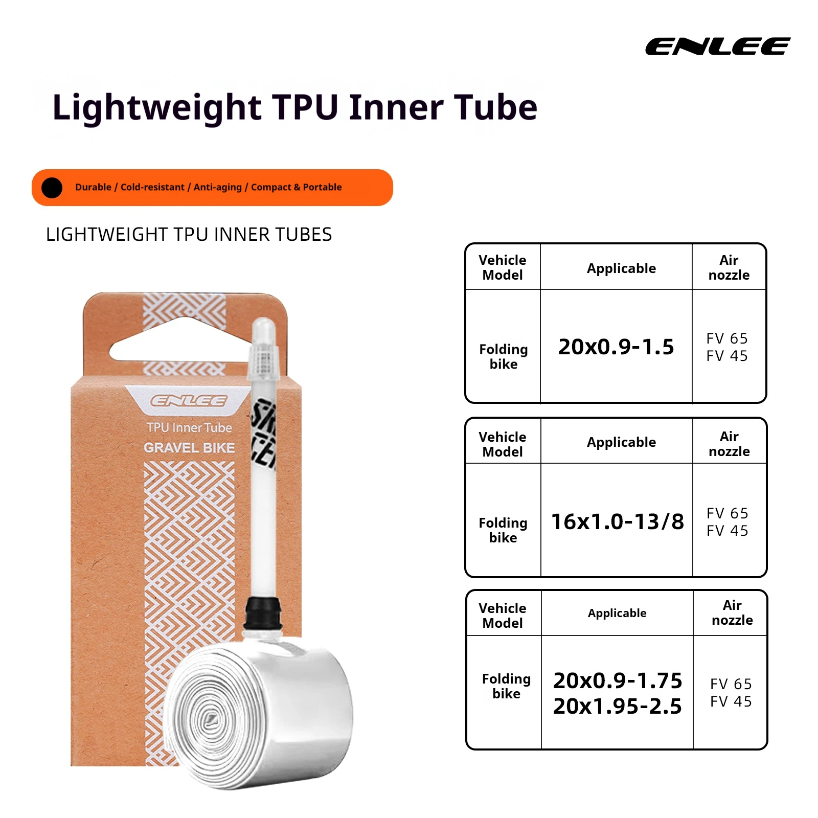 ENLEE Heavy Duty TPU Bike Inner Tube Puncture & Cold Resistant Anti-Aging Compact Roll Design For Daily Commute Foldable Bike