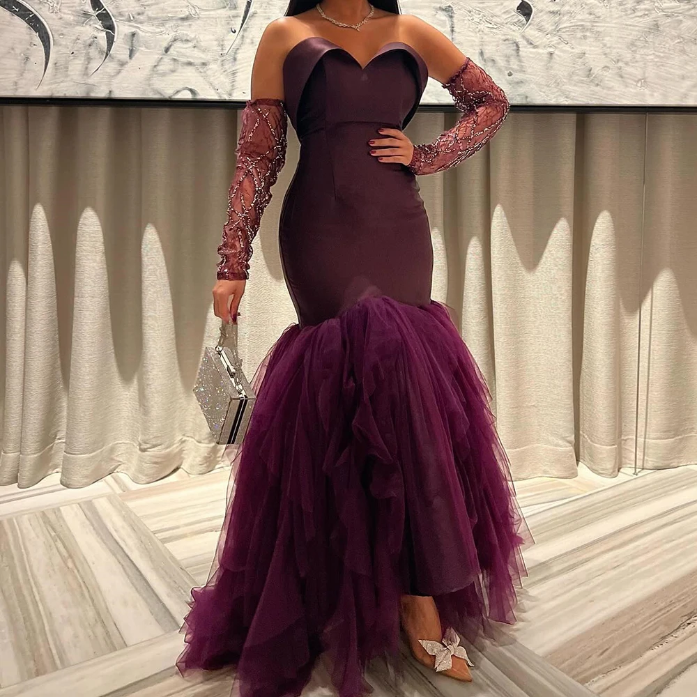 

Graceful Detachable Sleeves Pleats Crystal Evening Dresses Exquisite Mermaid Sweetheart Satin Purple Party Gowns فساتين سهرة