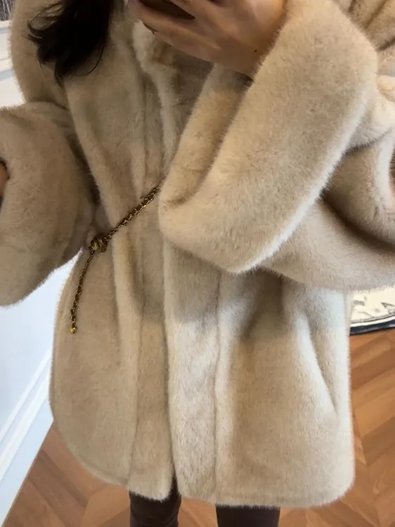 معطف فرو كوري بياقة واقفة فضفاض مناسب متوسط الطول صديق للبيئة من المينك الاصطناعي للشتاء عالي الجودة من الجلد والفراء J...