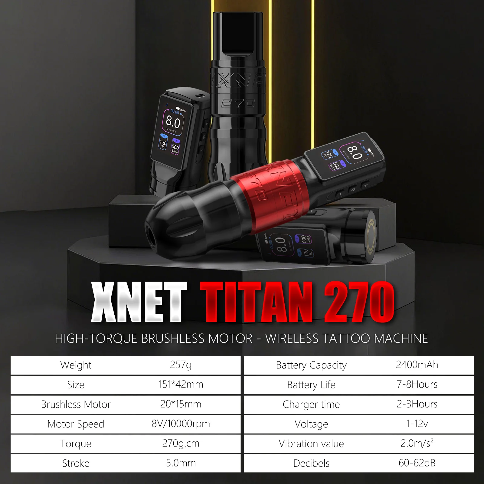 XNET Titan270 Draadloze Tattoo Machine Pen Kit Borstelloze Motor met hoog koppel 4.0/5.0mm Slag 60 Gemengde Cartridges Voor Tattoo Artist