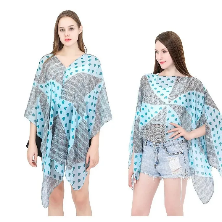 

Summer Fashionable Poncho Sunscreen Imitation Silk Sunscreen Shawl Printed Silk Shawl Travel Photography Beach Cape