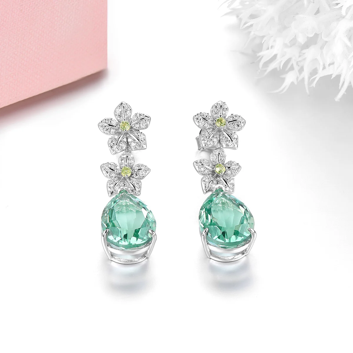 Natural Green Fluorite Sterling Silver Drop Earrings 12.8 Carats Romantic Elegant Fine Jewelry Style Women S925 Engagement Gift