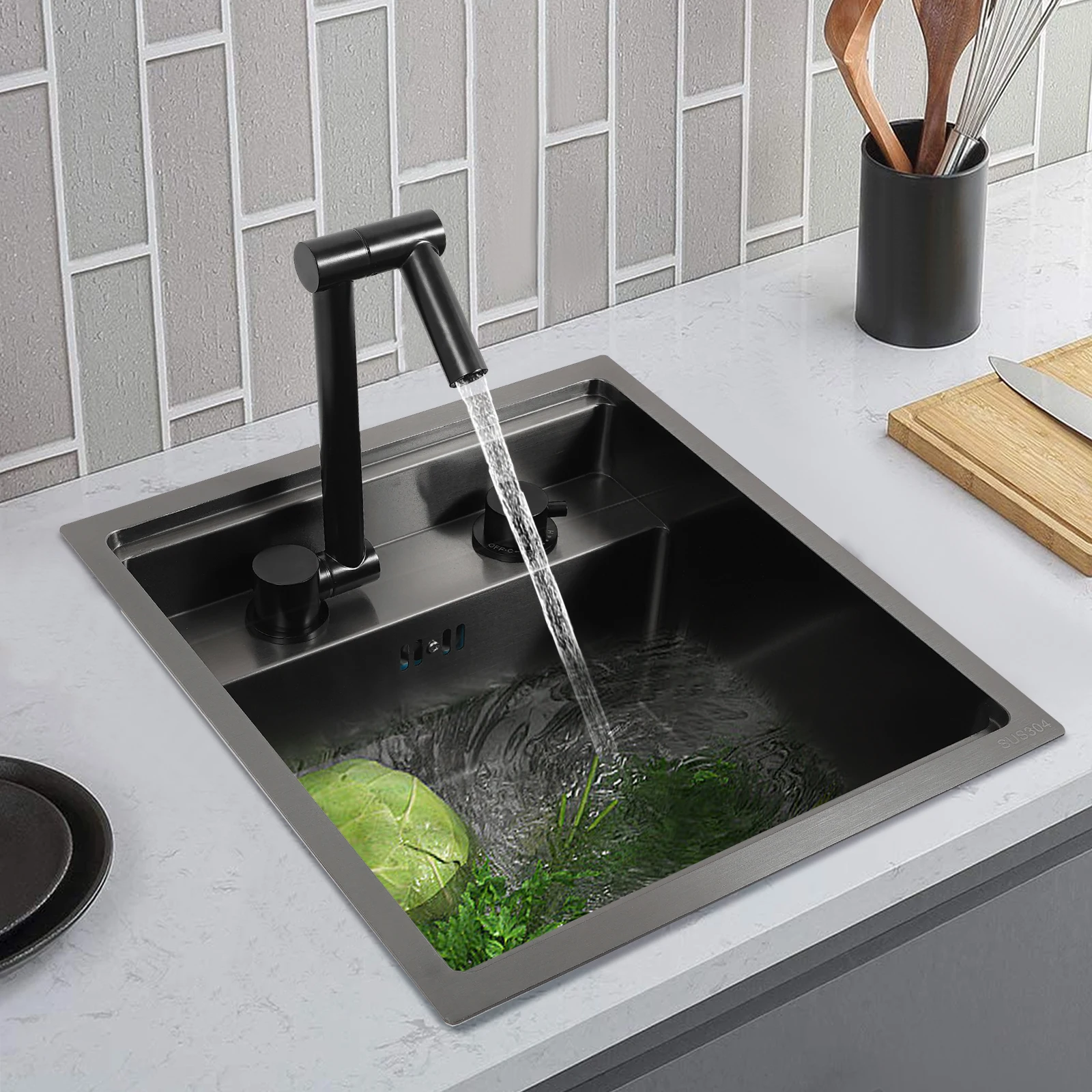 Hidden RV Kitchen Sink Bar Sink with Folding Faucet, Cover and Drain Pipe Stainless Steel Sink Single Sink for RV, Kitchen