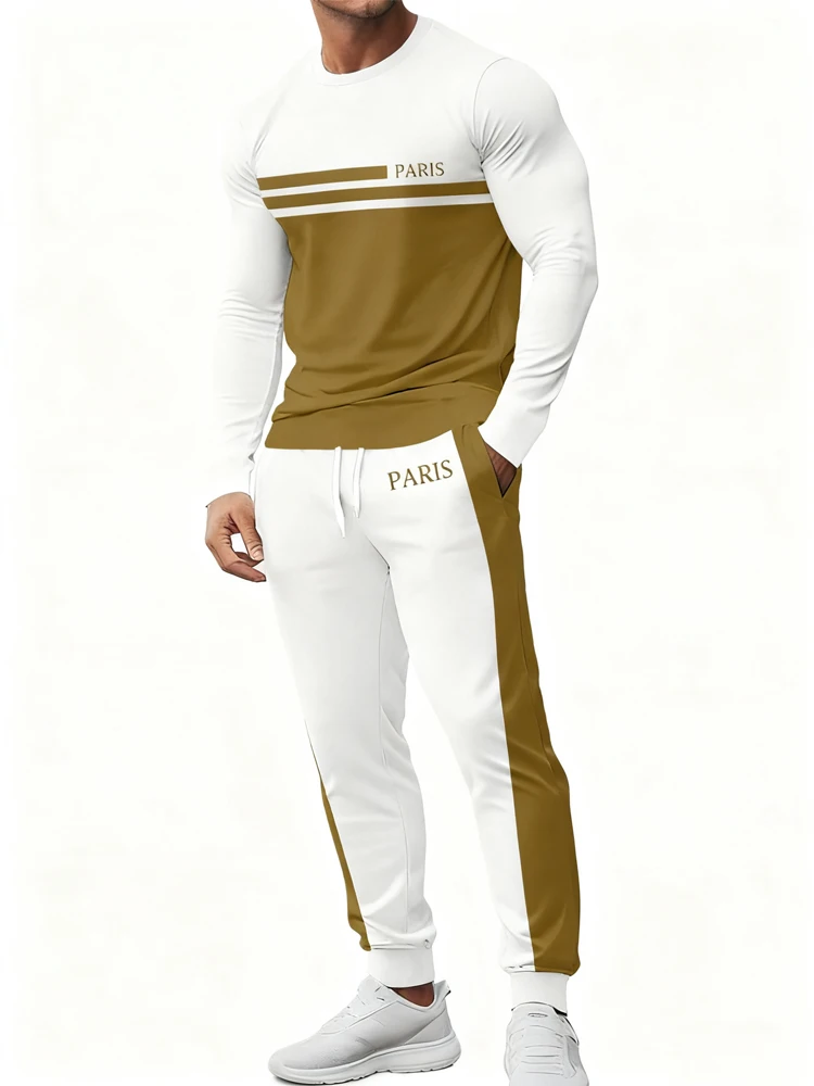 

New Men's Spring And Autumn 2-piece 3D Paris Print Sets Men's Everyday Casual Long Sleeve T-shirt And Street Fashion Long Pants