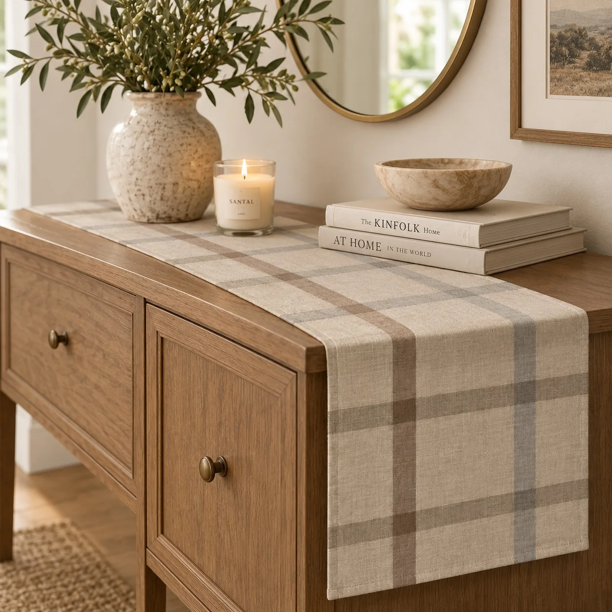 Beige Plaid Table Runner Neutral Check Pattern Linen Style Dining Table Decor Modern Farmhouse Home Kitchen Decoration