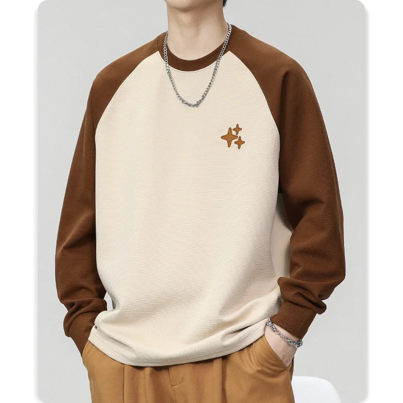 

Autumn and winter new men's loose shoulder cuff sleeves round neck sweatshirt color contrast shirt