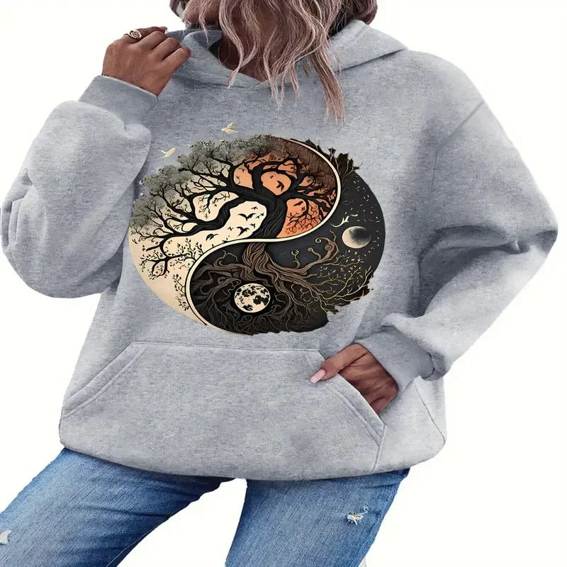 Yin Yang Tree Graphic Print Hoodie Casual Pullover Long Sleeve Kangaroo Pocket Streetwear Womens Autumn Winter Season Daily Wear