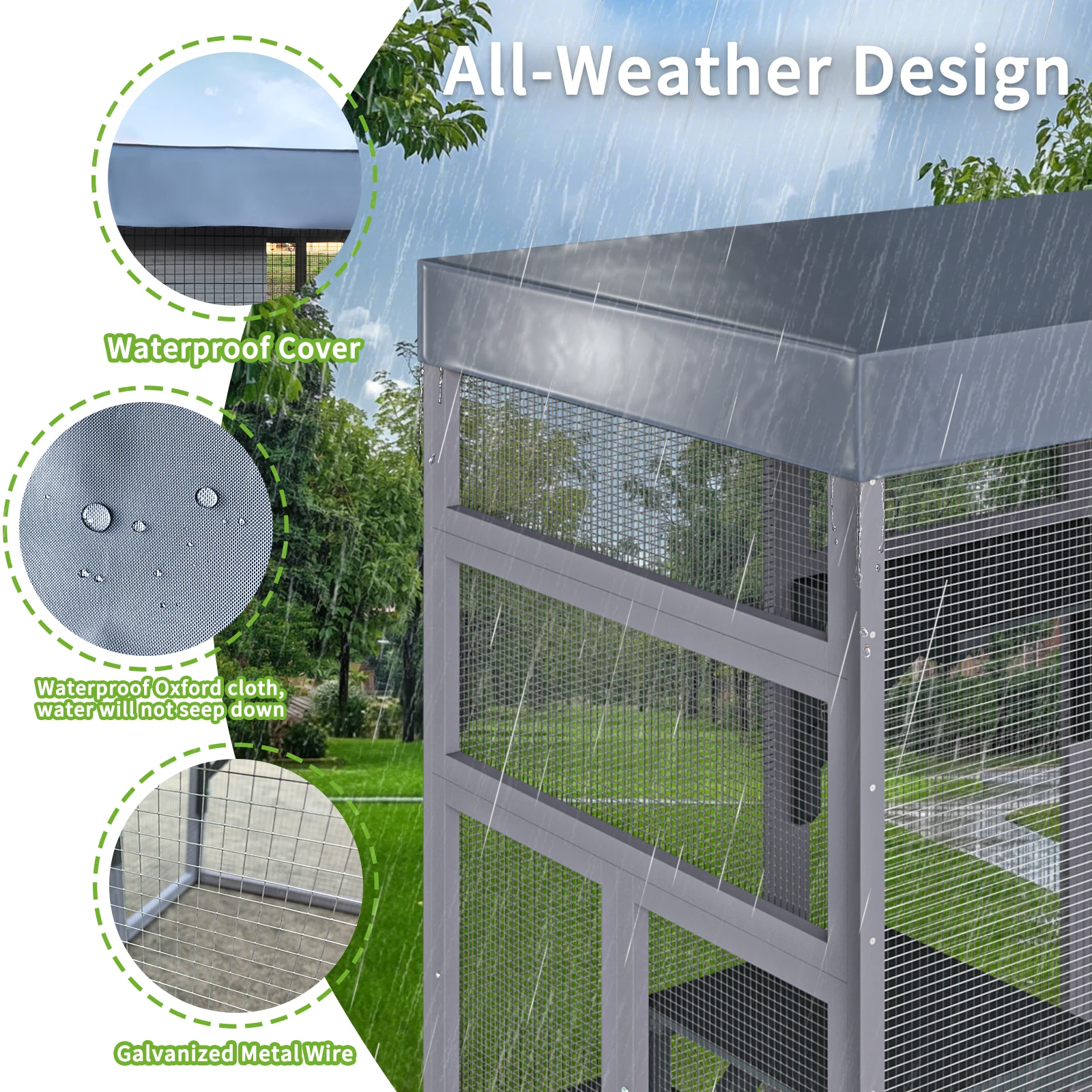 62.6" Wooden Catio for Cats, Large Cat Enclosure with Waterproof cover, 2 Napping House, Platforms & Galvanized Metal Wire – Secure Pet Cage Shelter view 6