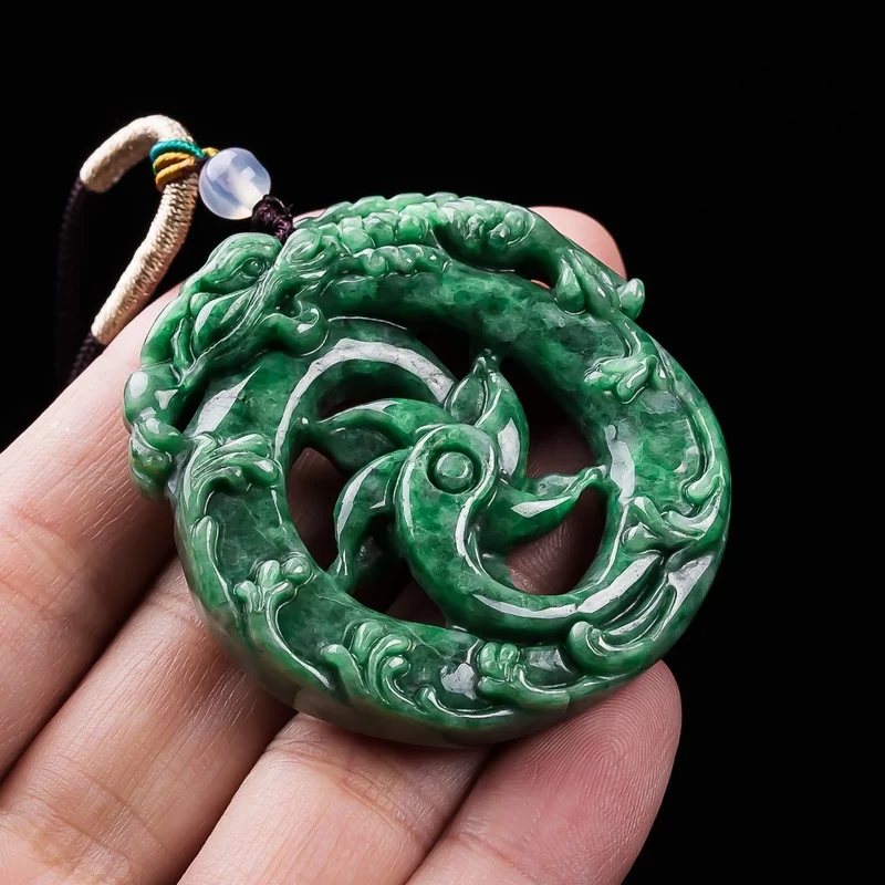 Natural A-grade jadeite in bean green color, playing with pearls, elegant zodiac dragon pendant, ice