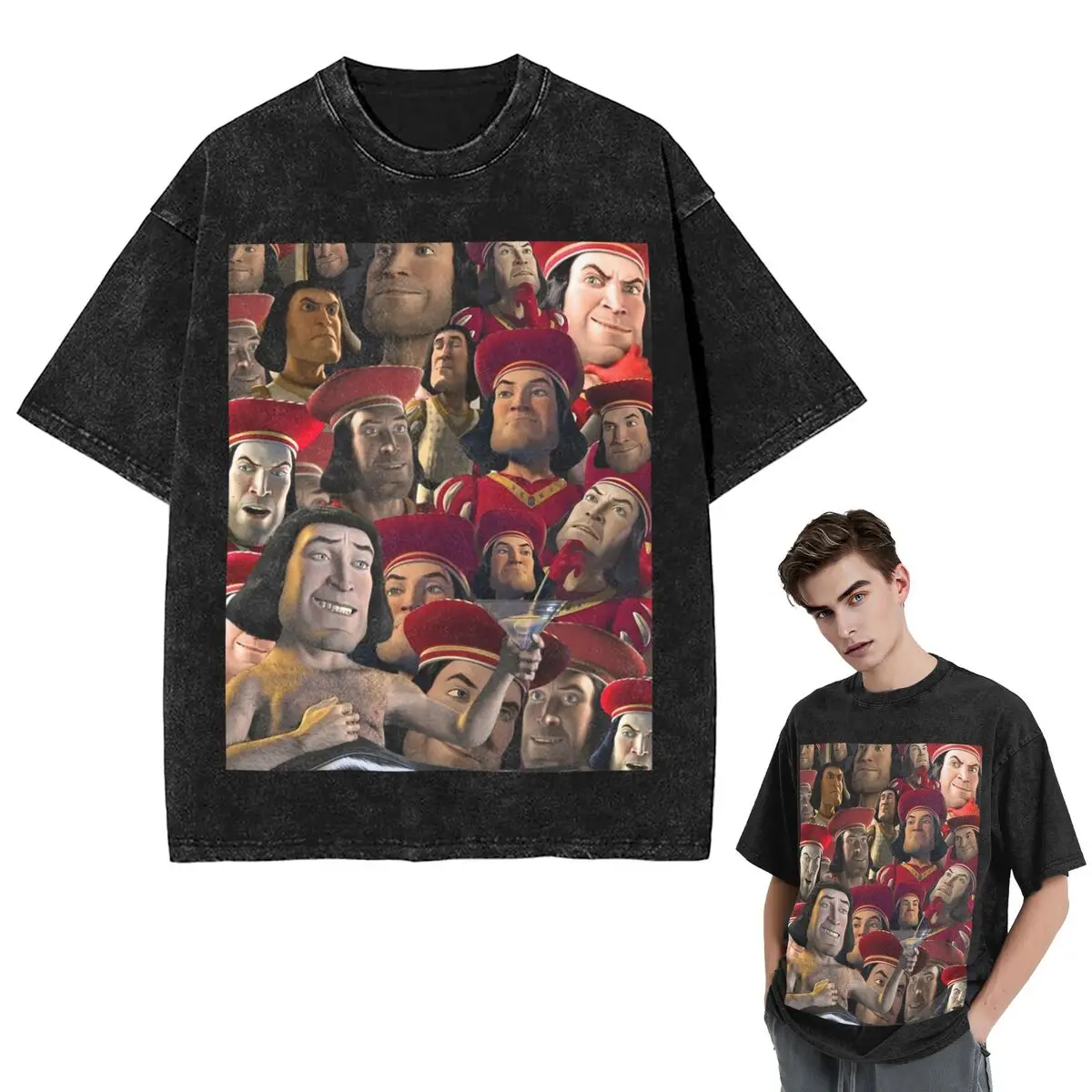 تي شيرت Streetwear Lord Farquaad تي شيرت مغسول بأكمام قصيرة تي شيرت هيب هوب تي شيرت علوي تي شيرت للرجال والنساء