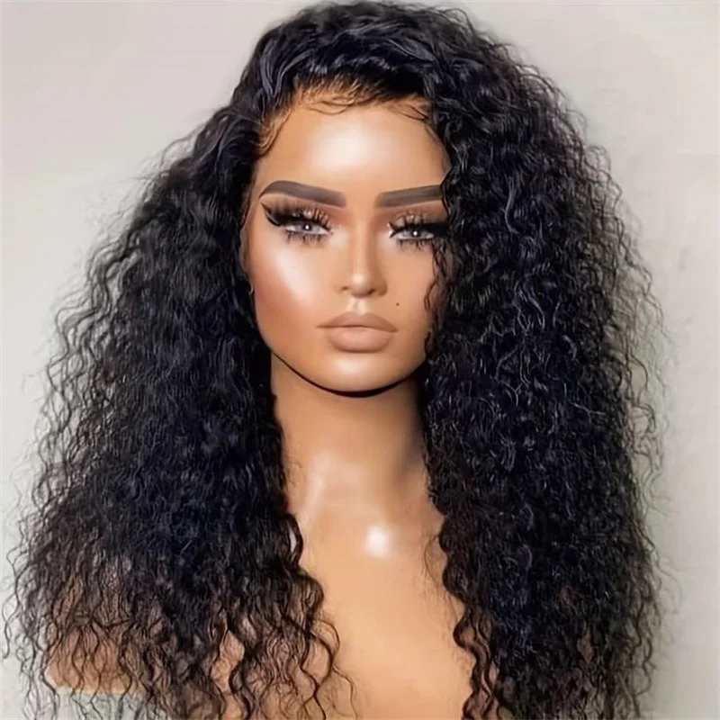 Perruque Lace Front Wig bouclée crépue noire naturelle pour femme, cheveux de bébé synthétiques, pré-épilés, doux, sans colle, long, 24 pouces, densité 180, 03/3