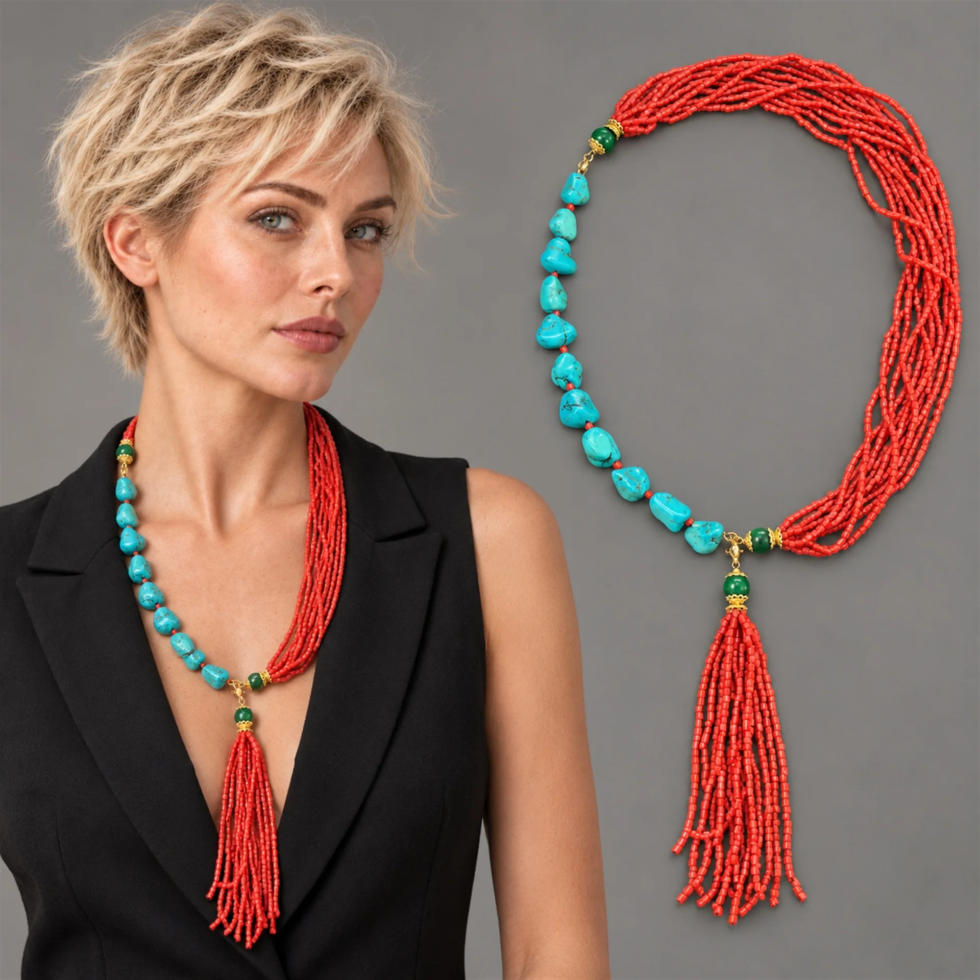 Women Ethnic Multi Layer Red Bead Necklace Turquoise Beads Tassel Pendant Collar Retro Statement Jewelry Choker Christmas Gift