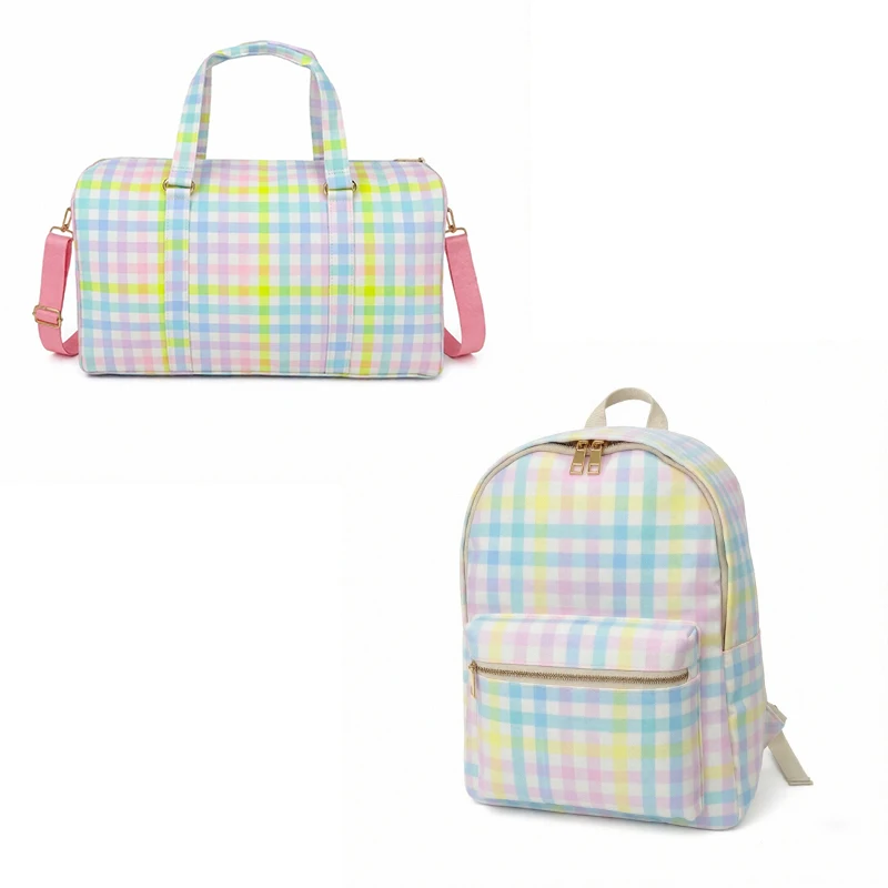 Nylon Waterproof Travel Backpack Rainbow Plaid Large Capacity Storage Bag Single Shoulder Slant Cross Bag for Outdoor Trips DIY