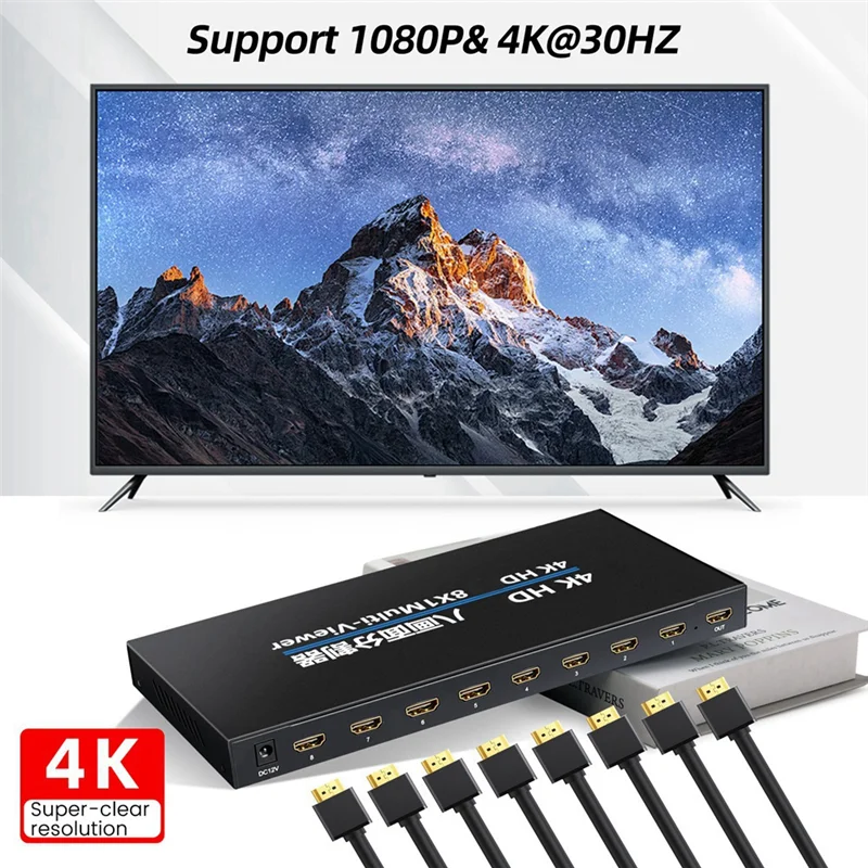 AF91-4K -Compatible 8X1 Quad Multi-Viewer Screen Divider Seamless Switching Multi-Screen Display Video Splitter