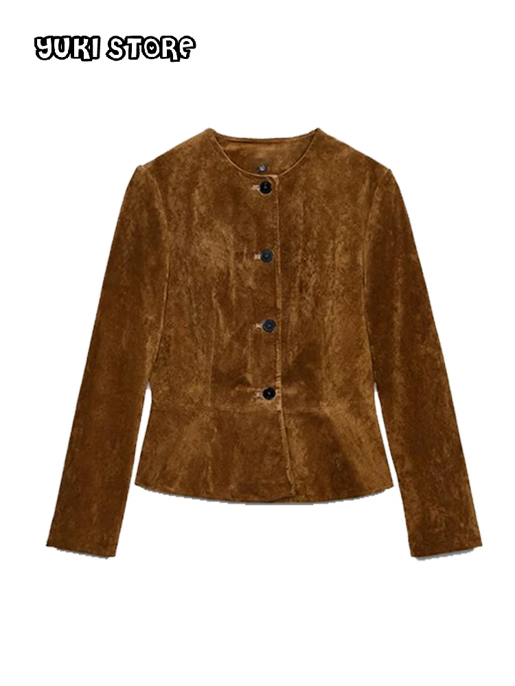 

Fashion Ruffles Suede Jackets Women Brown O-neck Single Breasted Long Sleeve Female Coats 2025 Autumn Lady Vintage Outwear