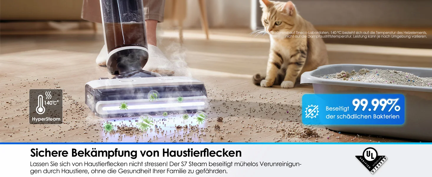 Tineco Floor One S7 Steam Kabelloser Dampfmopp-Bodenreiniger für hartnäckigen Schmutz auf Hartböden mit selbstreinigendem Sieb, Kantenreinigung, Selbstantrieb, ideal für Kinder/Haustiere – Detail 7